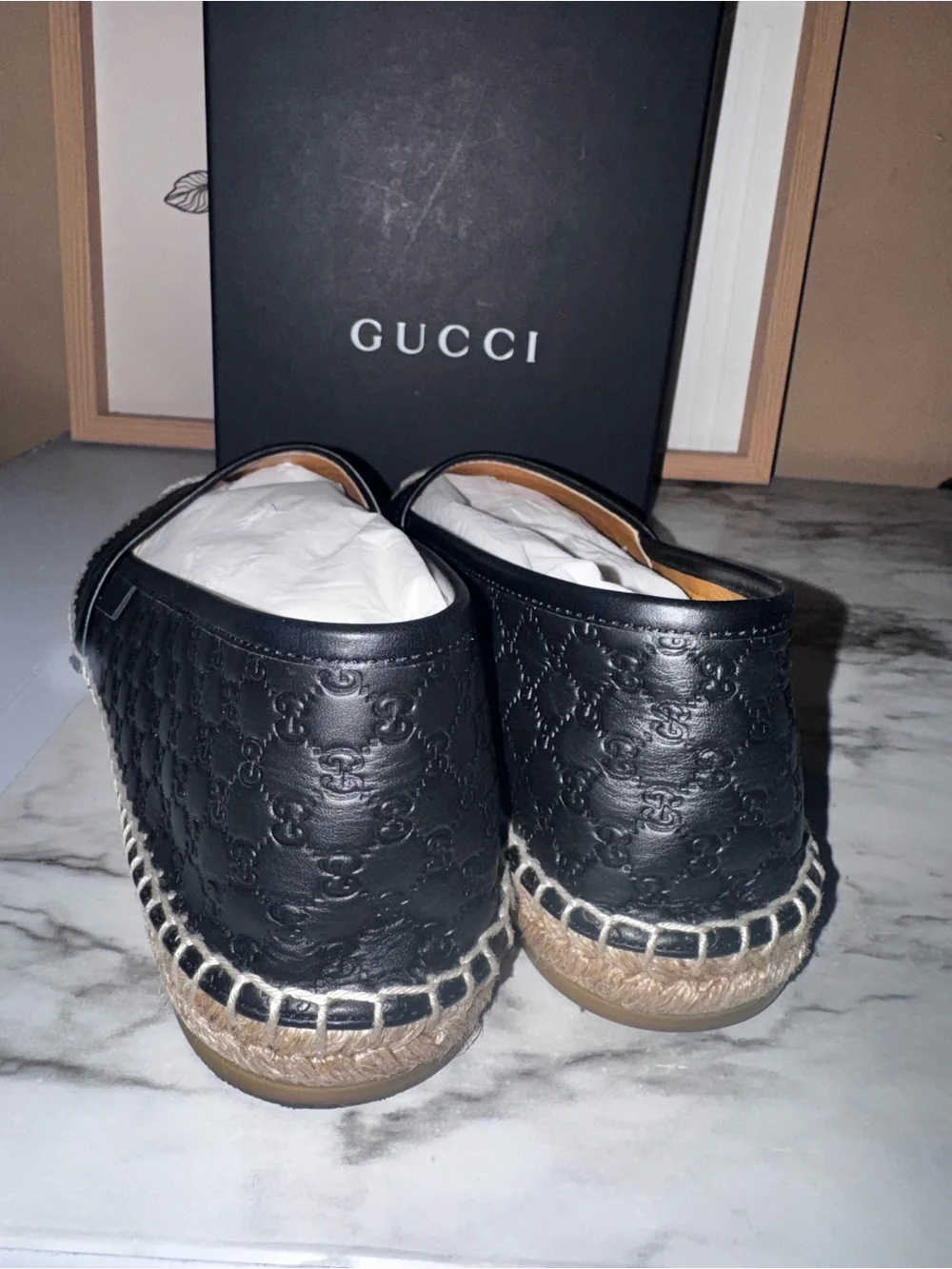 Gucci Black Leather Espadrille Slip-On Mules